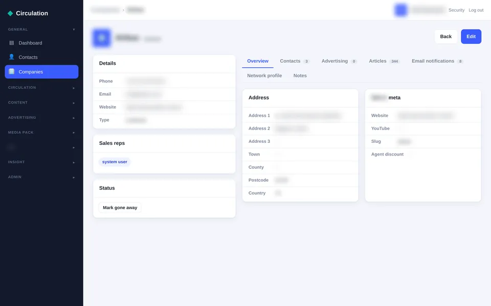 A company record in Adeptis showing details, sales reps and status on the left, an address panel, and tabs for contacts, advertising, articles, email notifications, network profile and notes