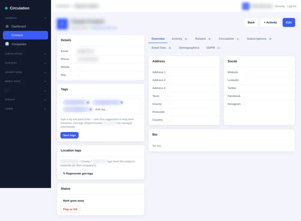 A contact record in Adeptis with details, tags, location tags and status buttons on the left, and tabs for activity, circulation, subscriptions, email lists, demographics and GDPR on the right