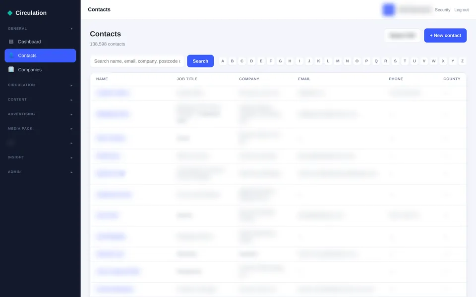 The Adeptis contacts list with a search box, an A to Z bar and columns for name, job title, company, email, phone and county, with personal details blurred