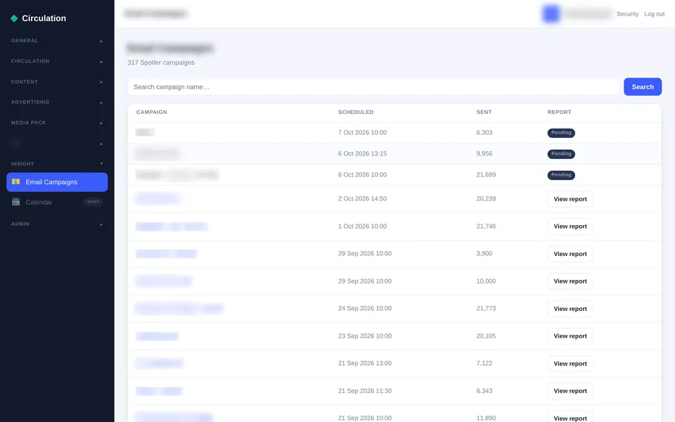 The Adeptis email campaigns list with a search box and a table of campaign name, scheduled date, number sent and a View report button or pending status for each