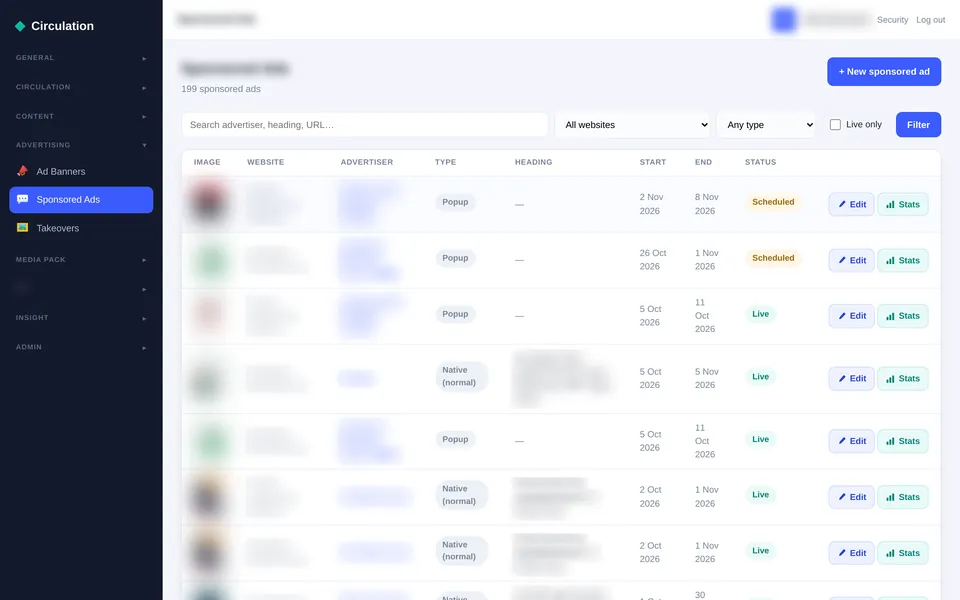 The Adeptis sponsored ads list with filters for website and type, and rows showing image, website, advertiser, type (popup or native), heading, start and end dates, status and Edit and Stats buttons, with advertiser details blurred