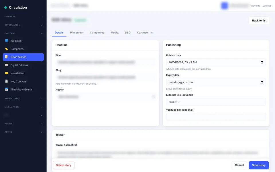 The Adeptis story editor with tabs for details, placement, companies, media, SEO and carousel, a headline panel with title, slug and author, a publishing panel with publish and expiry dates, external and YouTube links, a teaser box and the rich-text body editor