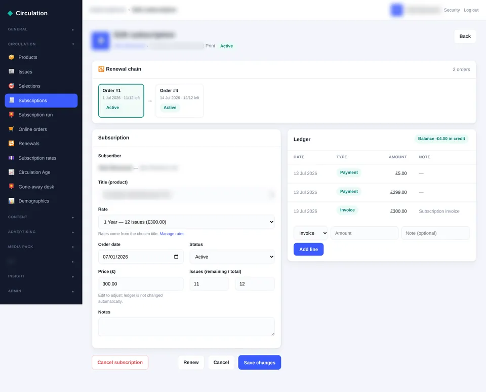 An Adeptis subscription record showing a renewal chain of two linked orders, the subscription form with rate, order date, status, price and issues remaining, and a ledger of payments and an invoice