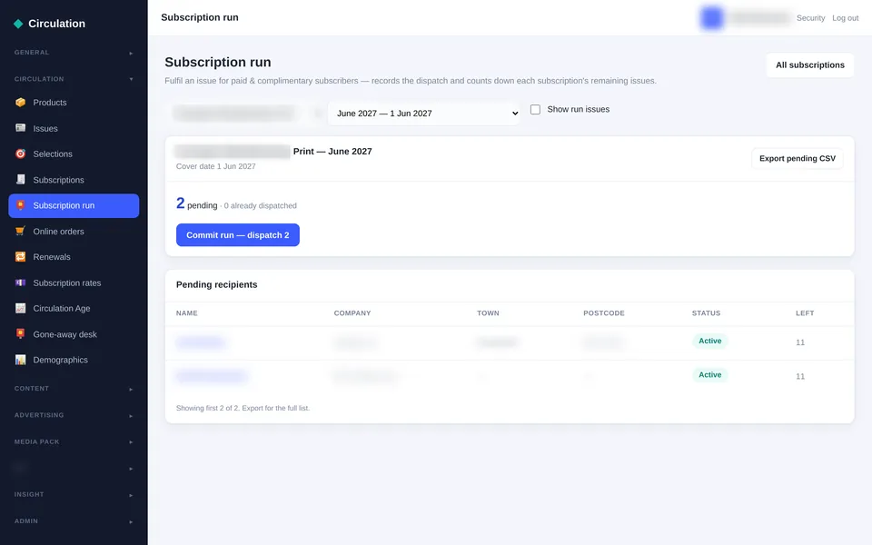 The Adeptis subscription run screen for a print issue, showing the number of pending recipients, a Commit run button, an Export pending CSV button and a table of pending recipients with status and issues left