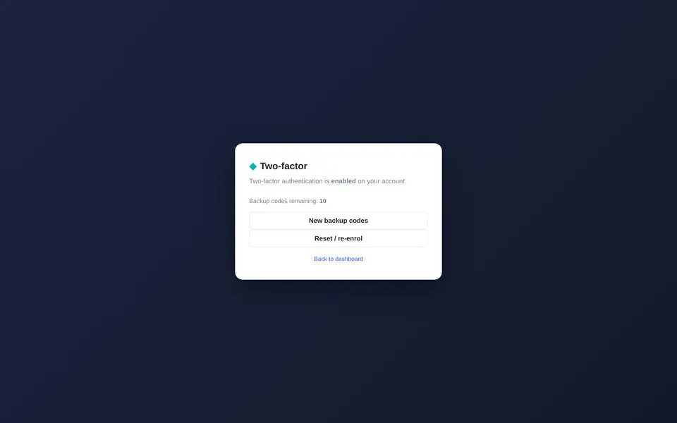 The Adeptis two-factor settings card confirming two-factor authentication is enabled, showing backup codes remaining and buttons for new backup codes and reset or re-enrol