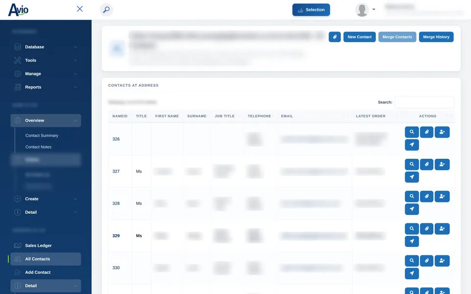 Everyone at one address in Avio, listed with ID, title, name, job title and latest order, plus actions to view, add notes, order or merge
