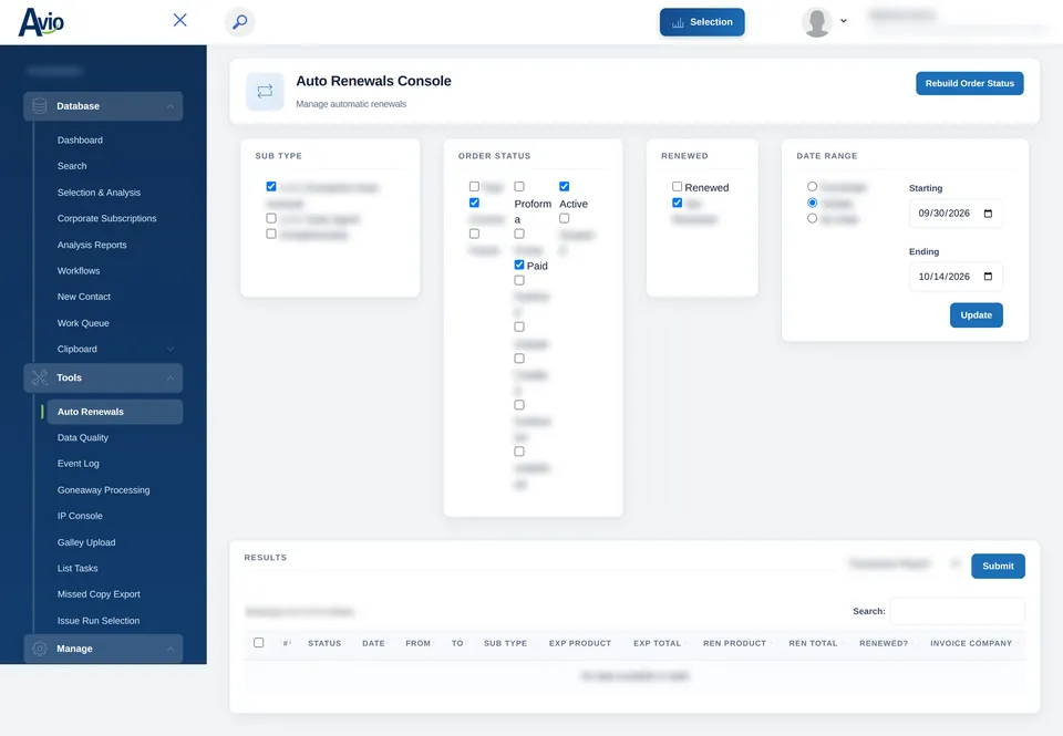 The Avio auto-renewals console with filters for subscription type, order status, renewal status and date range, above the results grid