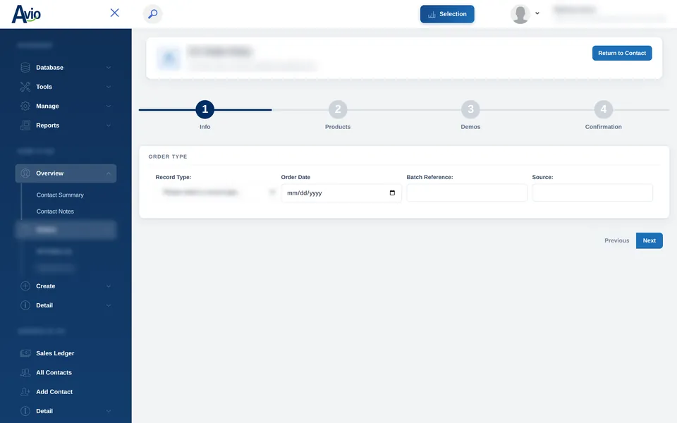 The Avio controlled circulation wizard at step one, asking for record type, order date, batch reference and source