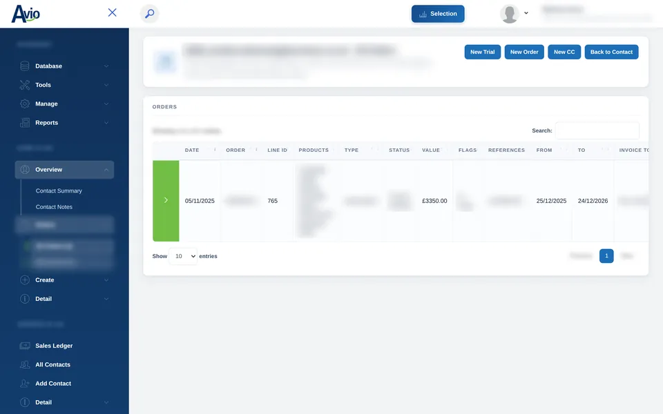 A contact's order history in Avio with status, value, flags, references and service dates, and buttons for a new trial, new order or new controlled circulation request