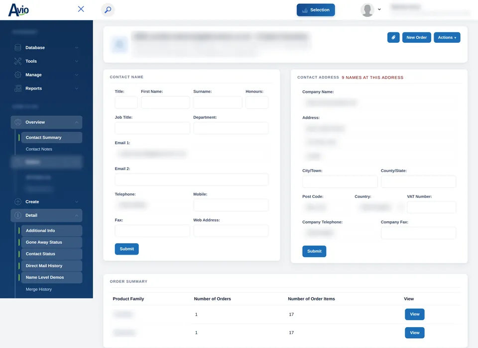 The Avio contact summary with contact and address details, an order summary by product family and the order history