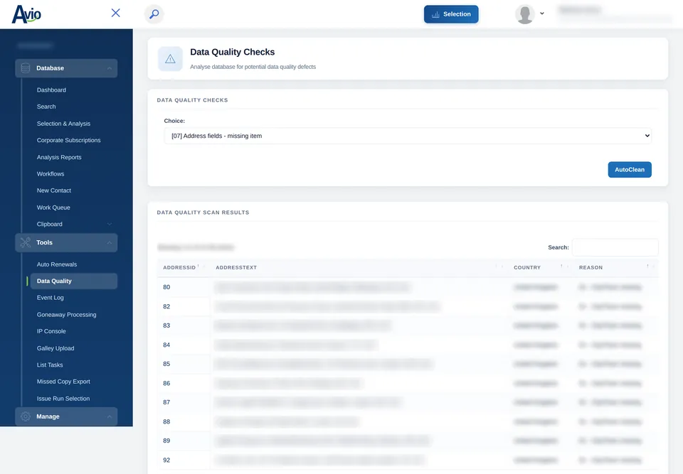 Avio Data Quality Checks with a scan chosen from a list, an AutoClean button and the scan results listing the addresses it flagged