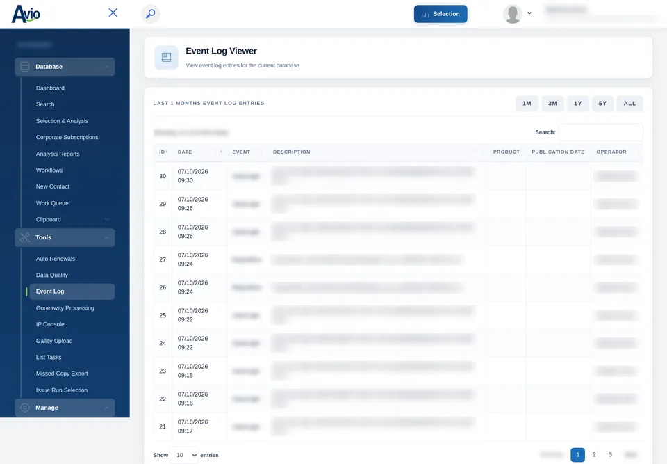 The Avio event log viewer: a searchable list of events with date, event type, description and operator, with one month, three months, one year, five years and all filters