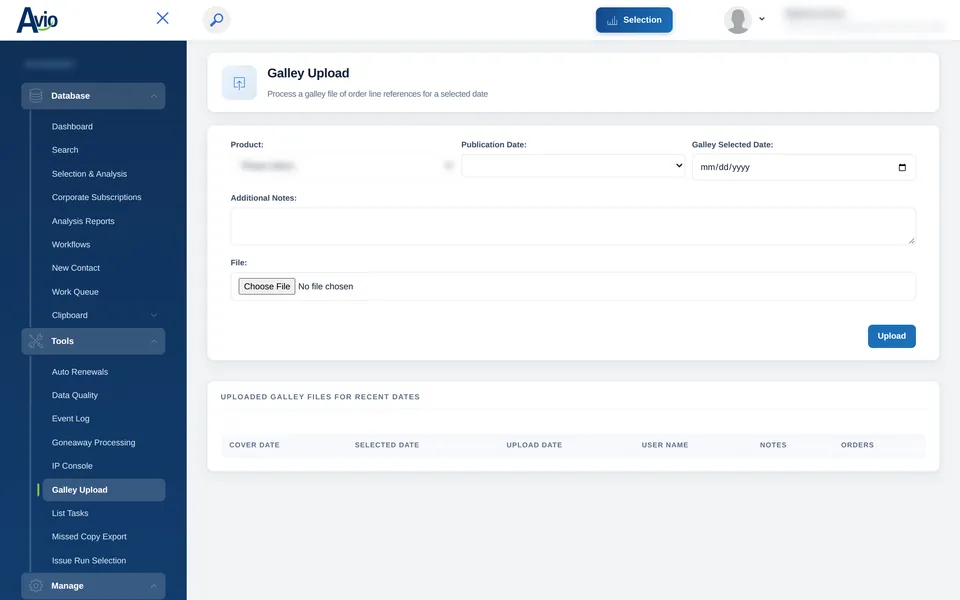 Galley upload in Avio: choose a product and publication date and upload the galley file, with a list of uploaded galley files below