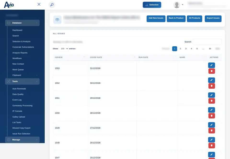 Issue maintenance for a title in Avio: the list of issues with cover dates, plus buttons to add new issues and export