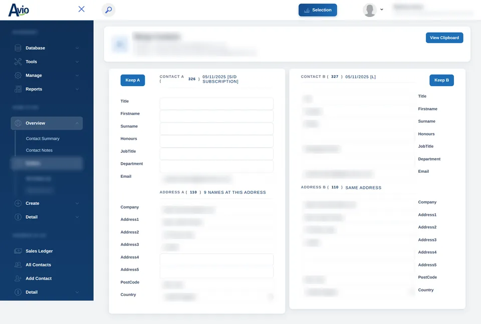 Merging two contacts in Avio: contact A and contact B side by side with name, job title, email and address fields, and Keep A and Keep B buttons