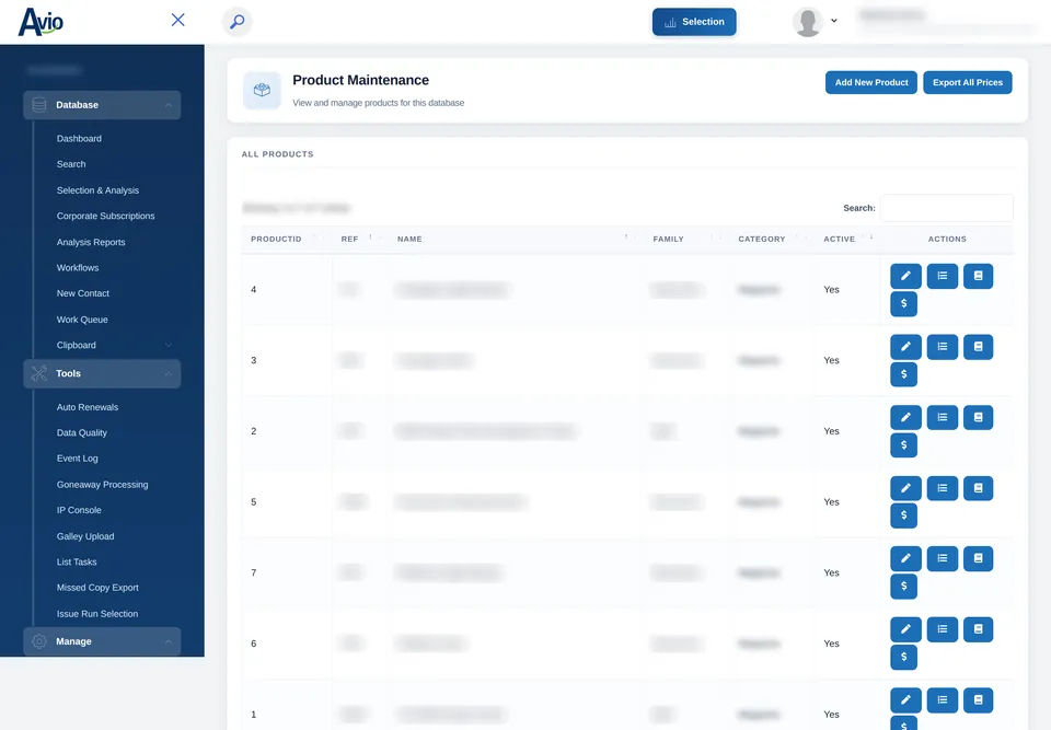 Avio product maintenance listing products with reference, name, family, category and active flag, with shortcuts to prices and issues