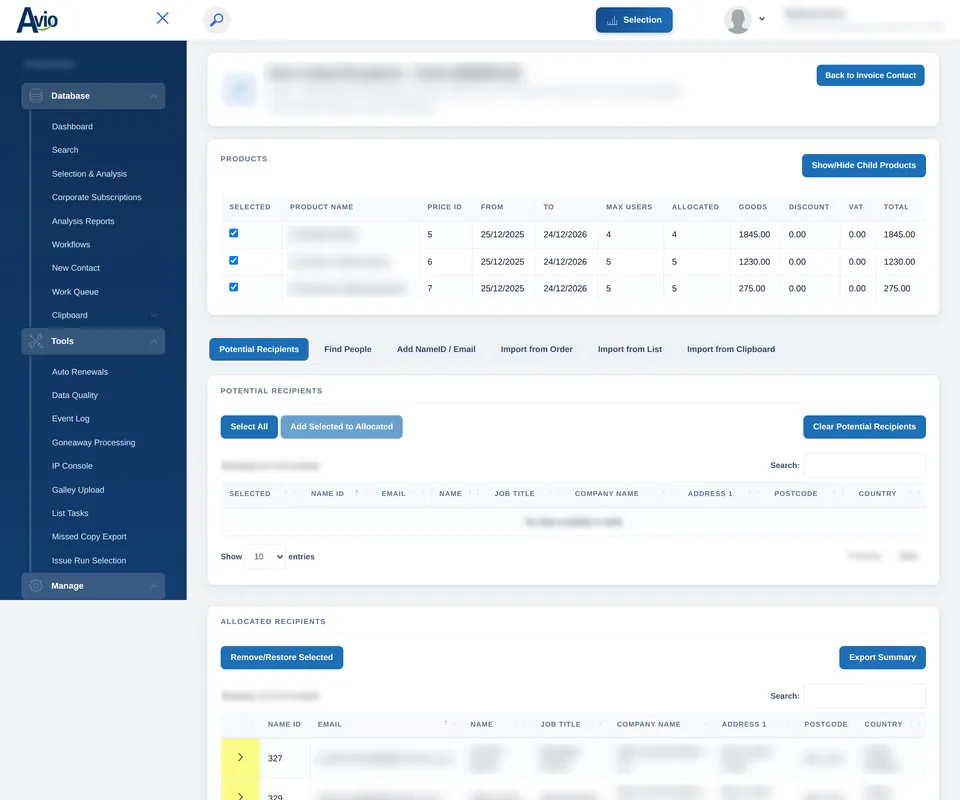 Managing a multi-seat licence in Avio: products with maximum and allocated users, tabs to find people or import from an order, list or clipboard, and the allocated recipients table