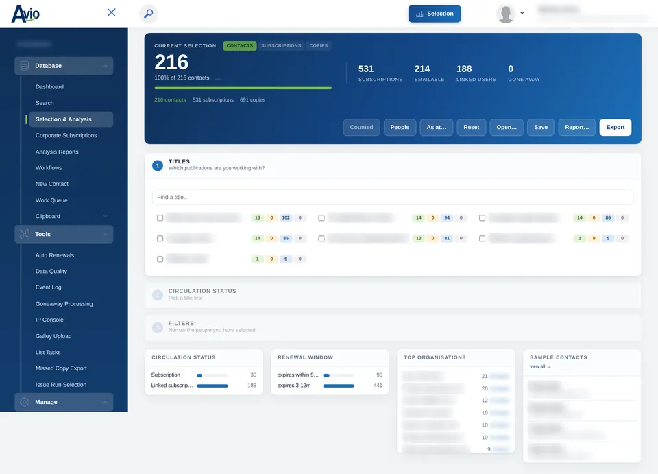 Avio Selection and Analysis with live counts of contacts, subscriptions, emailable and linked users, and Save, Report and Export options