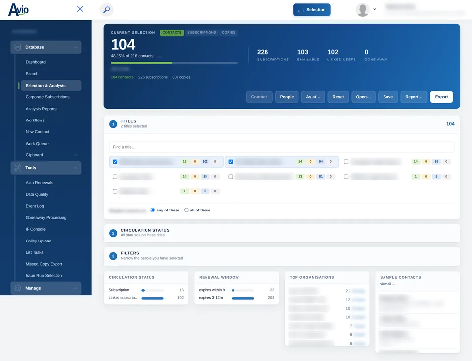 Building an audience in Avio: two titles picked, with the count and percentage of contacts updated and the circulation status and filter steps now open