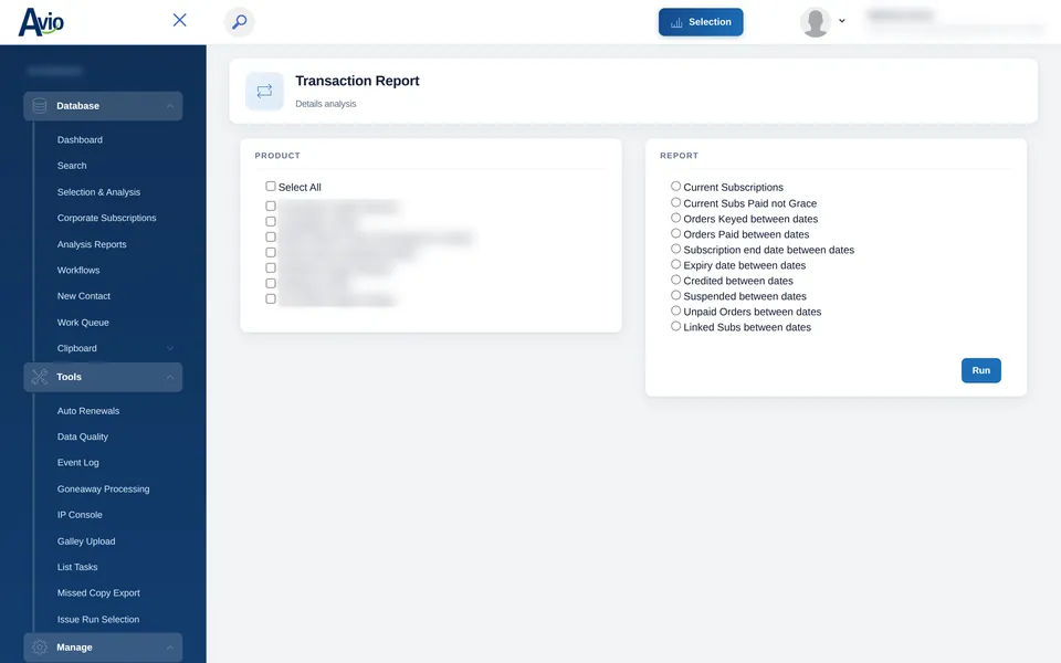 The Avio transaction report: choose products and one of several report types, then run