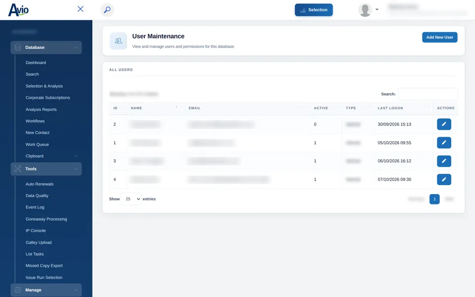 Avio user maintenance listing users with status, type and last log-on