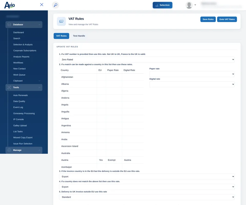 The Avio VAT rules screen: numbered rules for VAT numbers, a country table with EU status and print and digital rates, rules for EU invoice with non-EU delivery, a default, and a table of invoice and delivery country combinations